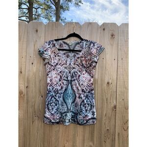 One World Top Womens Petite Medium Boho Hippie Flowy Babydoll Short Sleeve fall‎